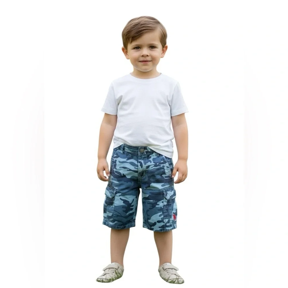 US Polo Assn Boys Blue‎ Camo Cargo Shorts Adjustable Waist Size 4 Kids